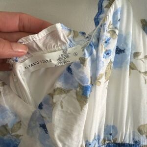 Altar'd State White Blouse with Blue and Olive Floral Print